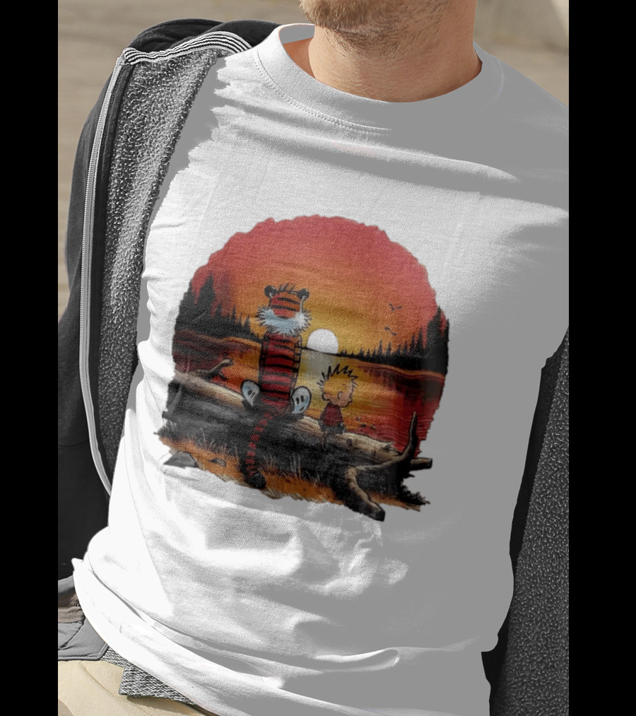 Calvin And Hobbes Log Sunset Lake Scene T-Shirt