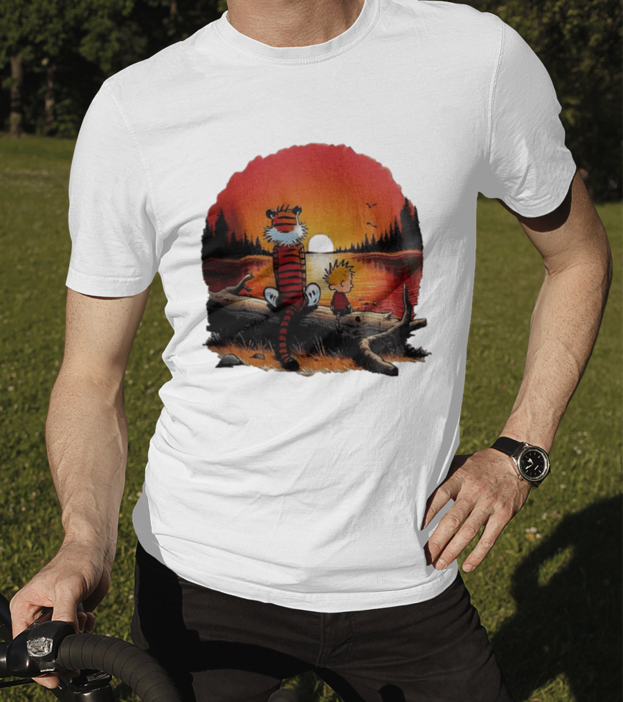 Calvin And Hobbes Log Sunset Lake Scene T-Shirt