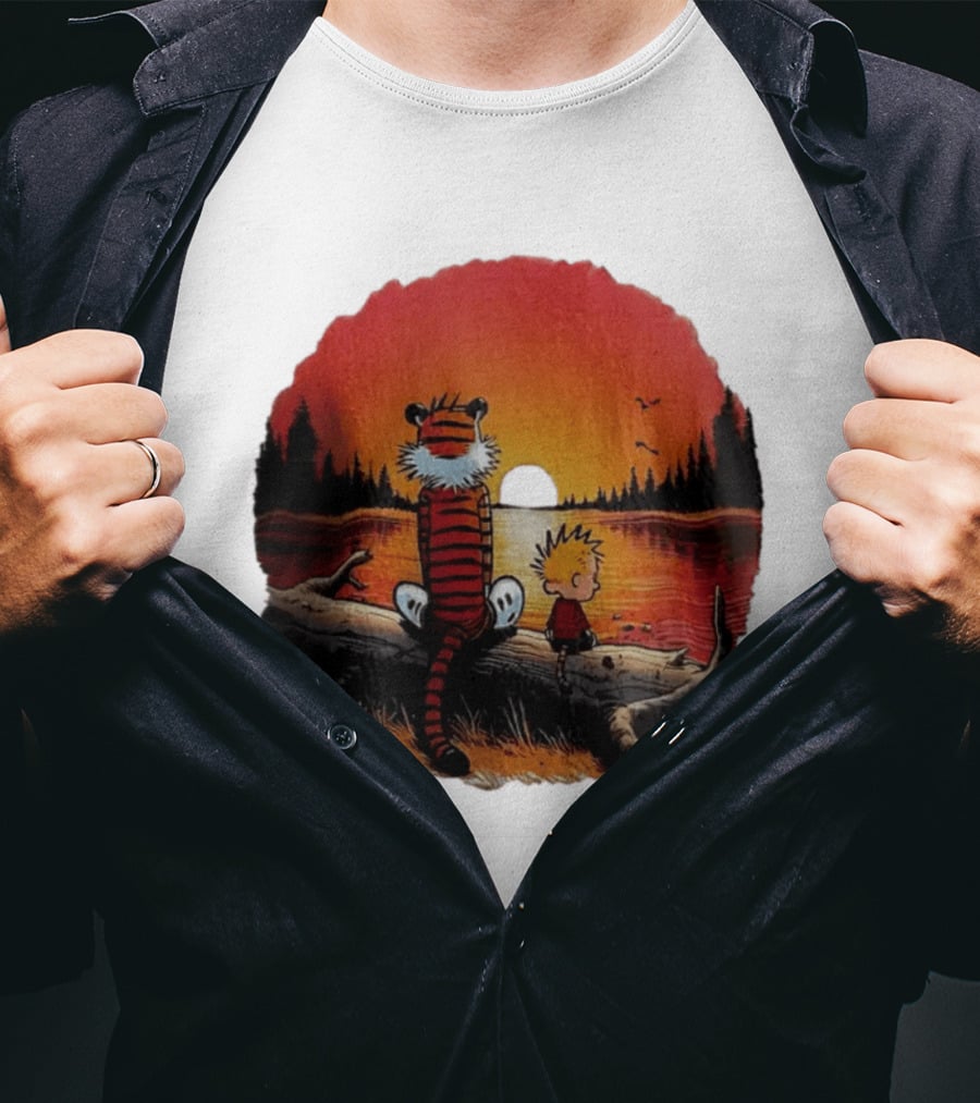 Calvin And Hobbes Log Sunset Lake Scene T-Shirt
