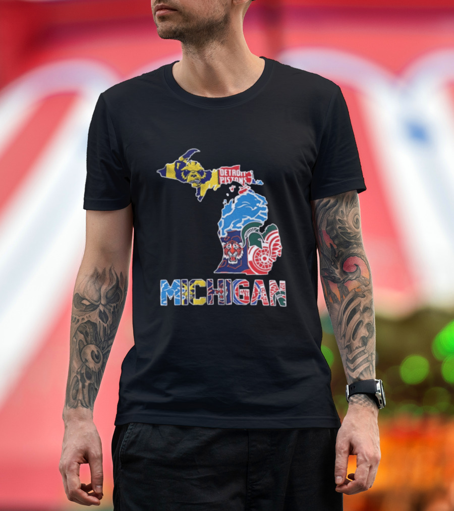 Detroit Pistons Lions Tigers Red Wings Michigan State Spartans Michigan Map T-Shirt