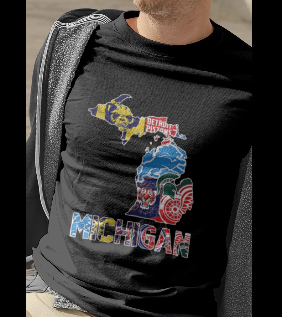 Detroit Pistons Lions Tigers Red Wings Michigan State Spartans Michigan Map T-Shirt