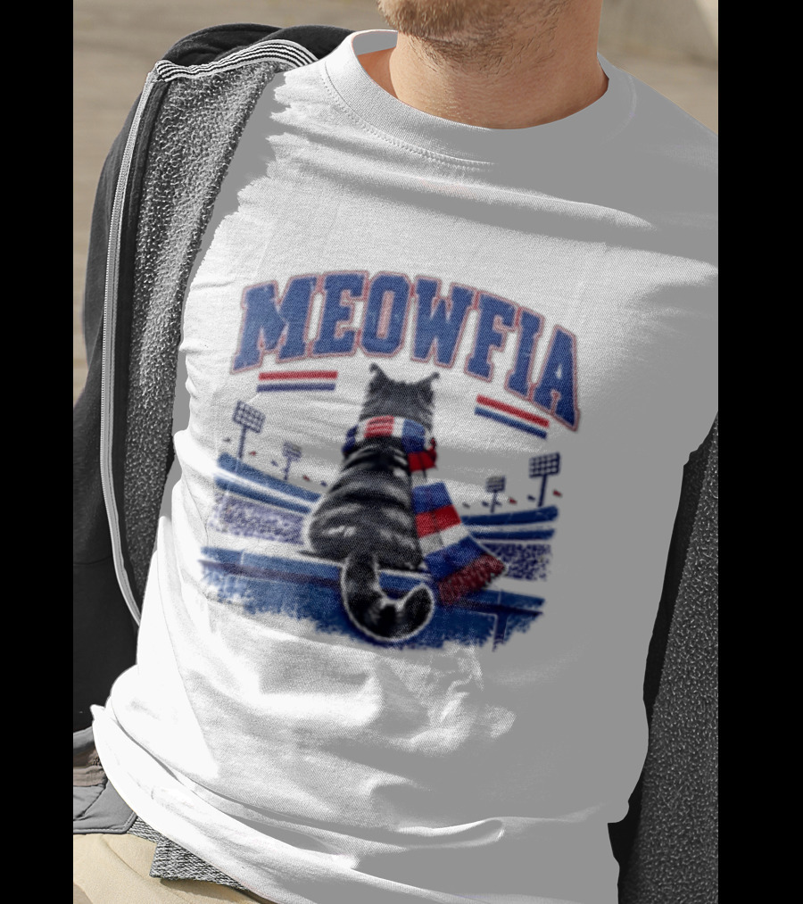 Meowfia Tabby Cat Sporting Colorful Scarf In Stadium Setting T-Shirt
