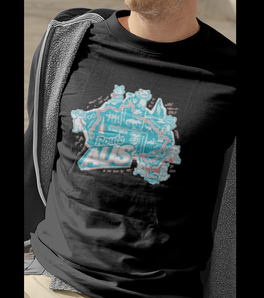Route Aus Australia Map Animals Travel Icons Brisbane Sydney Melbourne Canberra T-Shirt
