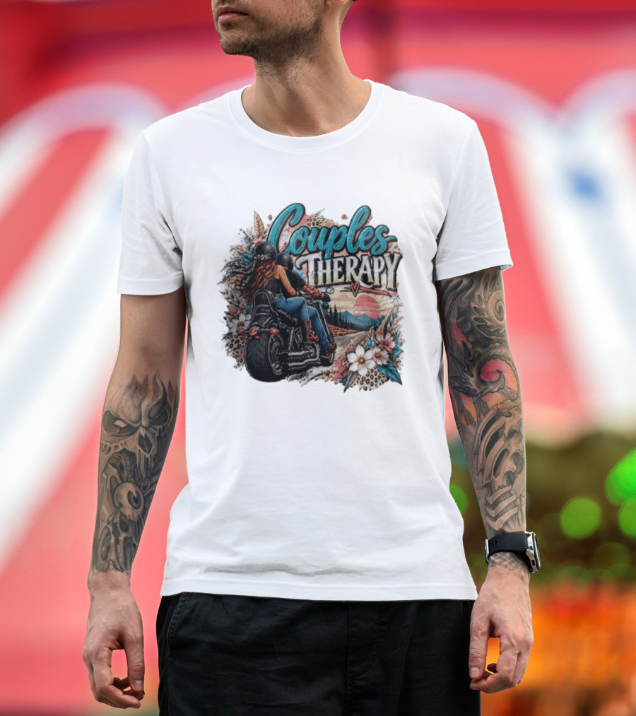 Couples Therapy Motorcycle Sunset Flowers Adventure T-Shirt