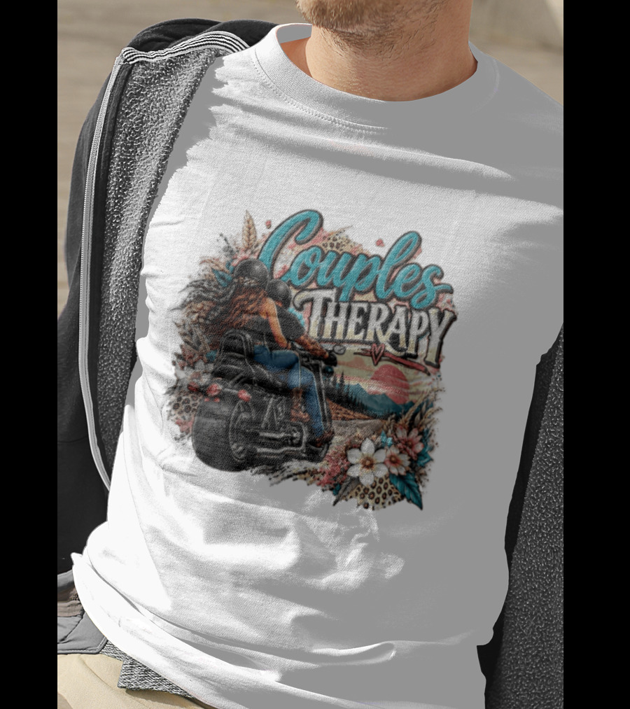 Couples Therapy Motorcycle Sunset Flowers Adventure T-Shirt