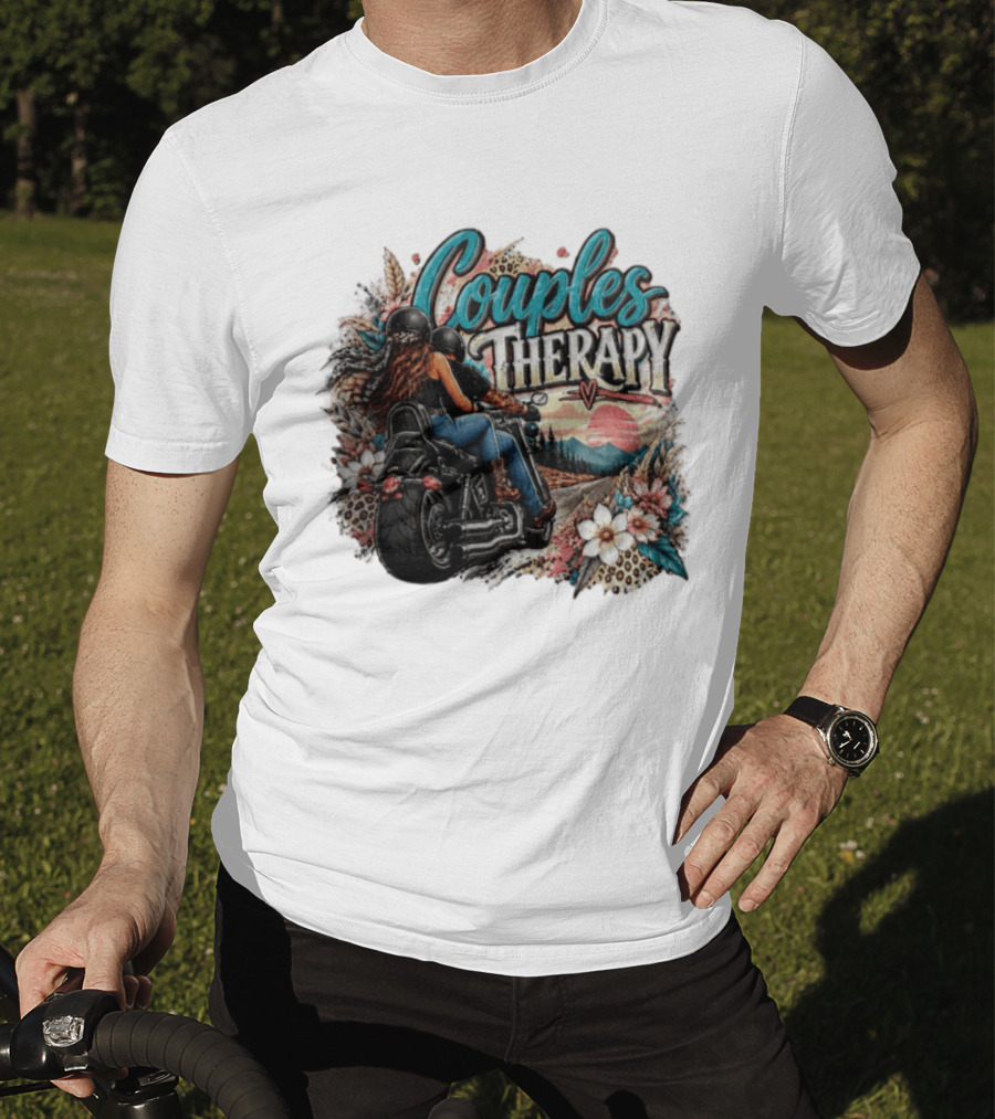 Couples Therapy Motorcycle Sunset Flowers Adventure T-Shirt