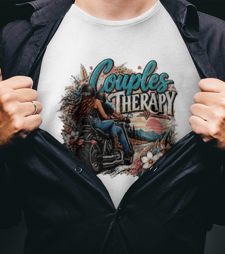 Couples Therapy Motorcycle Sunset Flowers Adventure T-Shirt