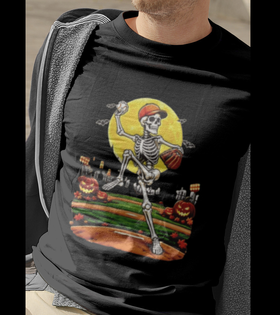 Skeleton Baseball Pitcher Halloween Full Moon Pumpkin Graveyard Scene T-Shirt