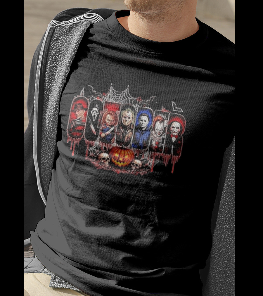 October Slashers Halloween Horror Characters Web Skulls Pumpkin T-Shirt
