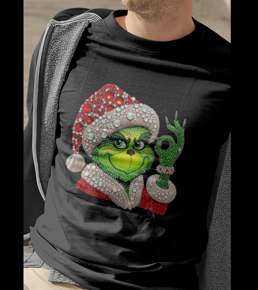 The Grinch Rhinestone Christmas Santa Hat Green Face With Jewels T-Shirt