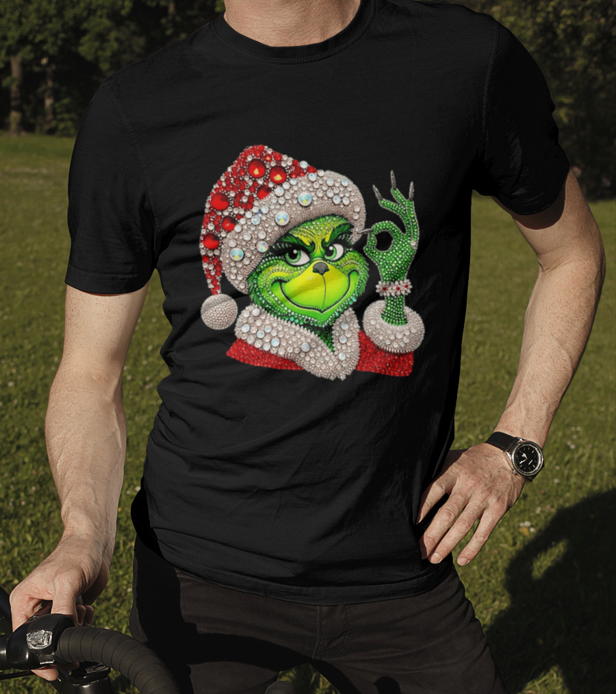 The Grinch Rhinestone Christmas Santa Hat Green Face With Jewels T-Shirt