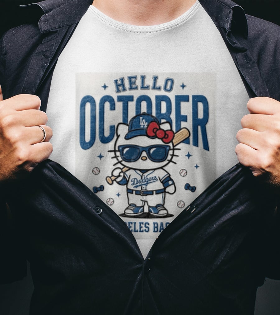 Hello October Los Angeles Dodgers Baseball Kitty Fans Holiday Celebration T-Shirt