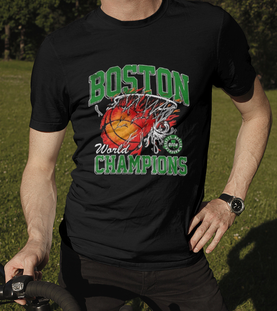 Boston Celtics World Champions 2024 Flaming Basketball T-Shirt