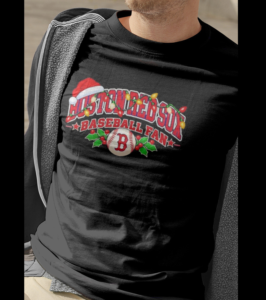 Boston Red Sox Baseball Fan Christmas Lights Santa Hat T-Shirt