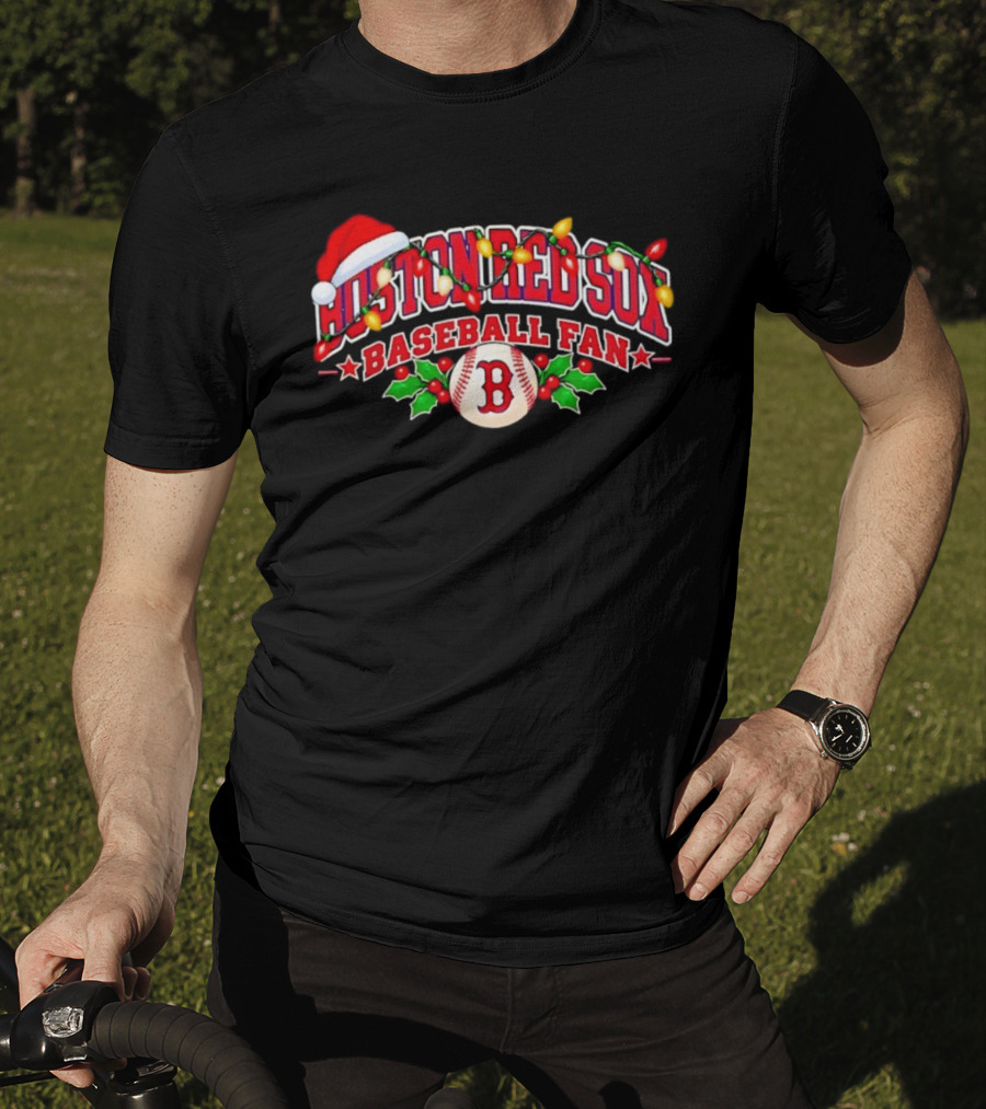 Boston Red Sox Baseball Fan Christmas Lights Santa Hat T-Shirt