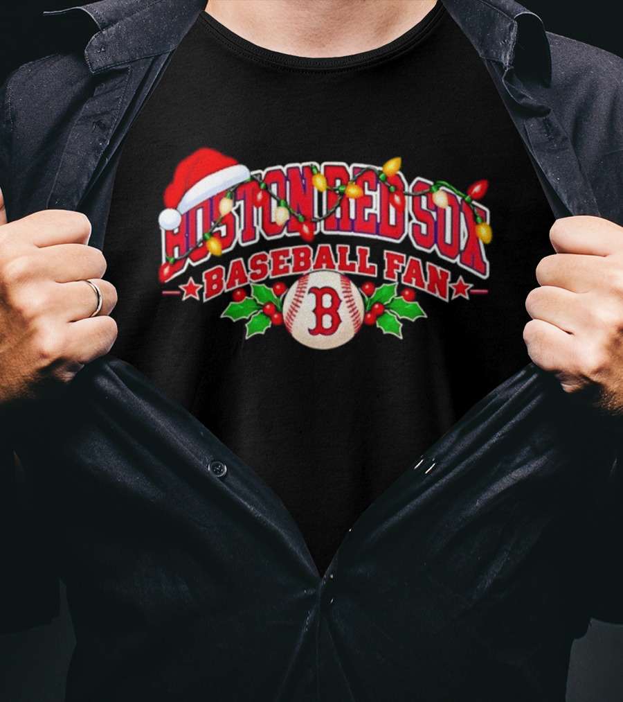 Boston Red Sox Baseball Fan Christmas Lights Santa Hat T-Shirt