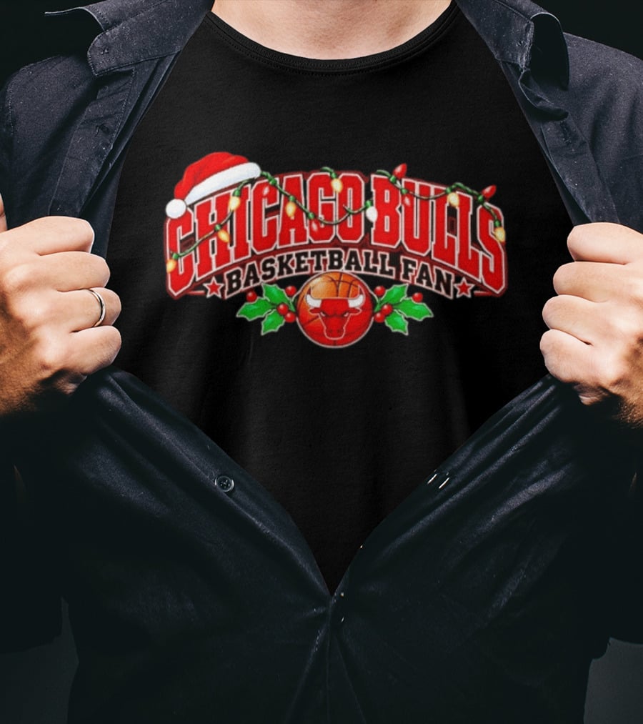 Chicago Bulls Basketball Fan Christmas Lights Santa Hat T-Shirt