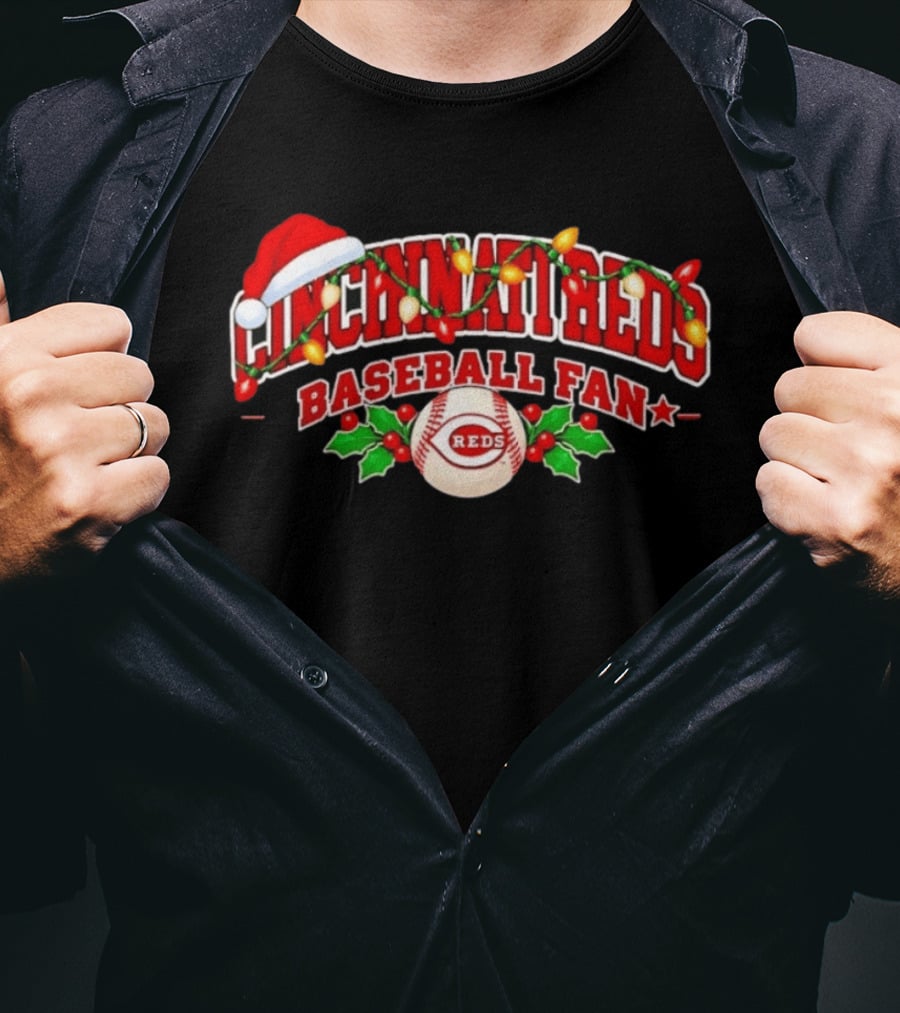 Cincinnati Reds Baseball Fan Christmas Lights Santa Hat T-Shirt