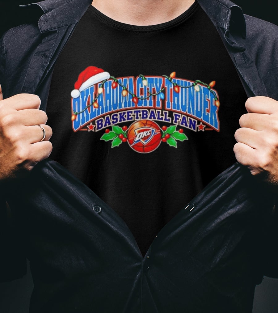 Oklahoma City Thunder Basketball Fan Holiday Christmas Lights Santa Hat T-Shirt