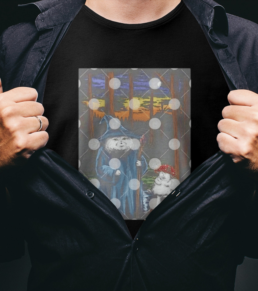 Wizard Cat With Mushroom Friend In Enchanted Forest Sunset T-Shirt