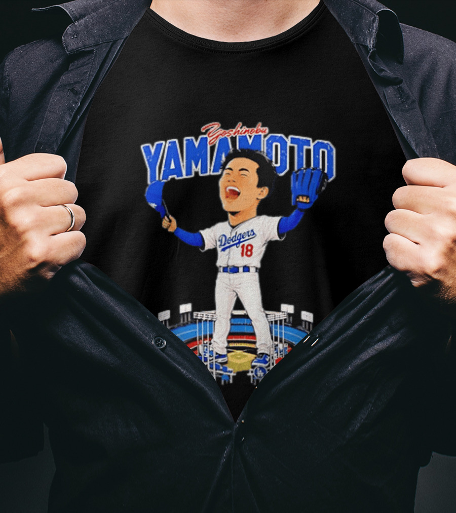 Yoshinobu Yamamoto Los Angeles Dodgers 18 Baseball Caricature Stadium T-Shirt