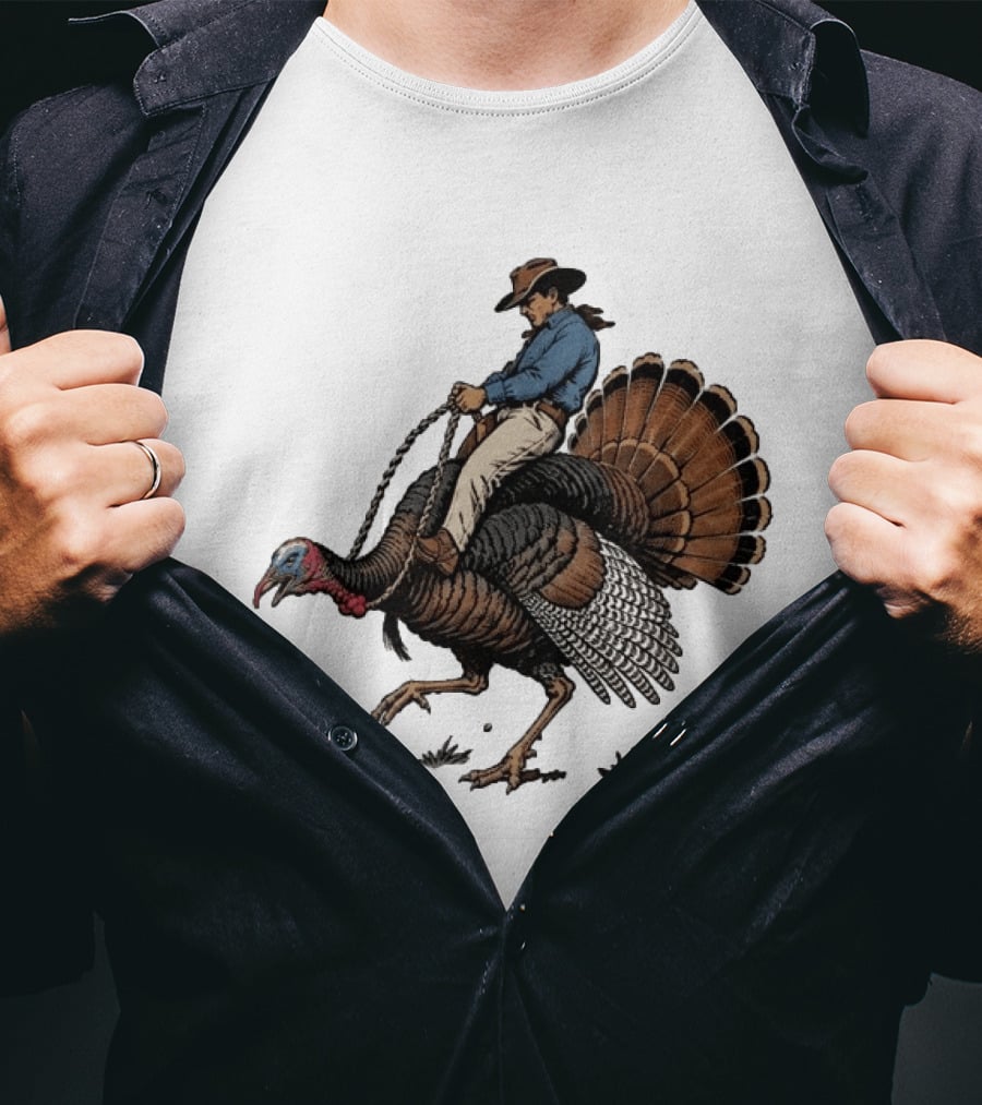 Cowboy Riding Turkey Thanksgiving Humor T-Shirt