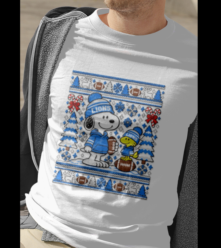 Detroit Lions Snoopy Woodstock Christmas Sweater Peanuts NFL Football Blue Holiday T-Shirt
