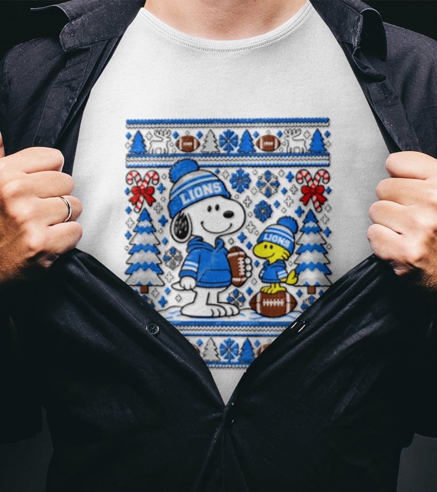 Detroit Lions Snoopy Woodstock Christmas Sweater Peanuts NFL Football Blue Holiday T-Shirt
