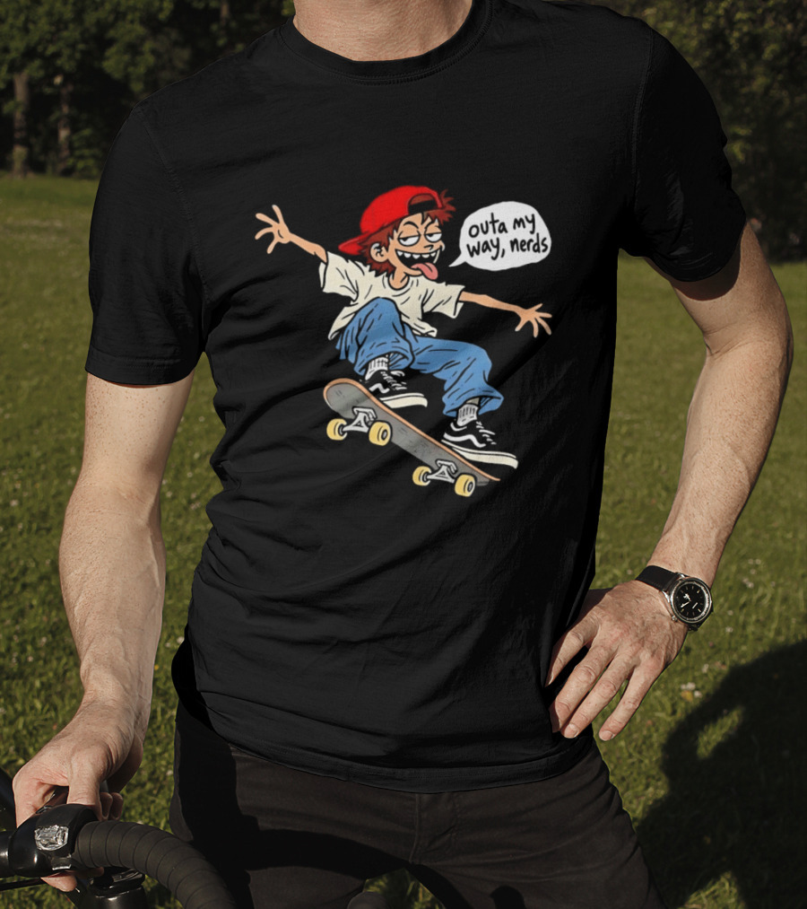 Outa My Way Nerds Skater Cartoon Tongue Out Red Cap Blue Pants White T-Shirt