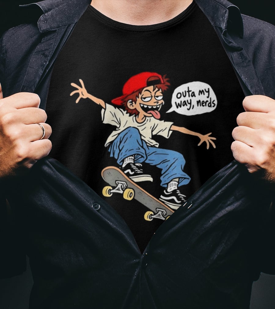 Outa My Way Nerds Skater Cartoon Tongue Out Red Cap Blue Pants White T-Shirt