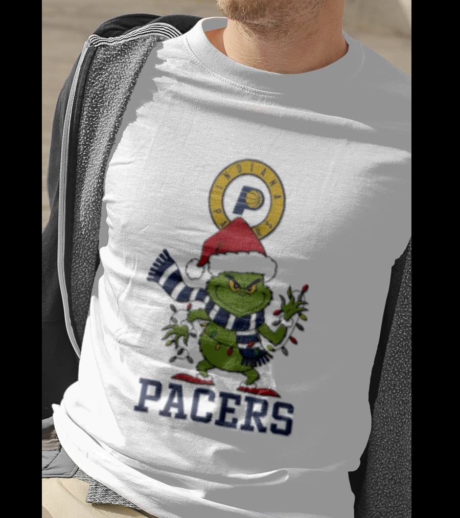 Pacers Christmas Grinch With Santa Hat And Lights T-Shirt