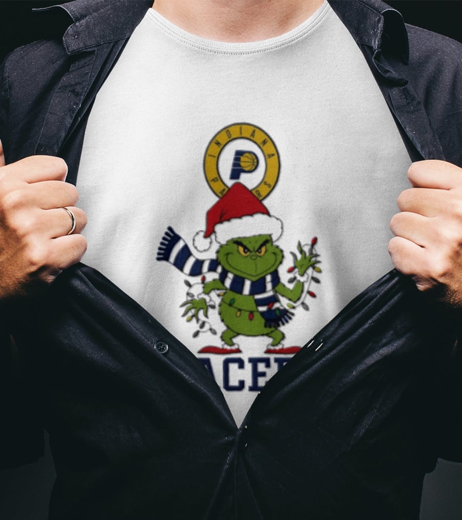 Pacers Christmas Grinch With Santa Hat And Lights T-Shirt