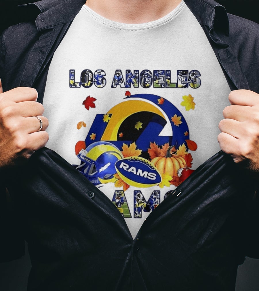 Los Angeles Rams Halloween Fall Football With Leaves And Pumpkin T-Shirt