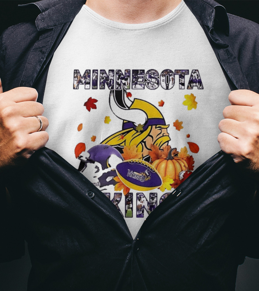 Minnesota Vikings Autumn Football Halloween Leaves Pumpkin T-Shirt