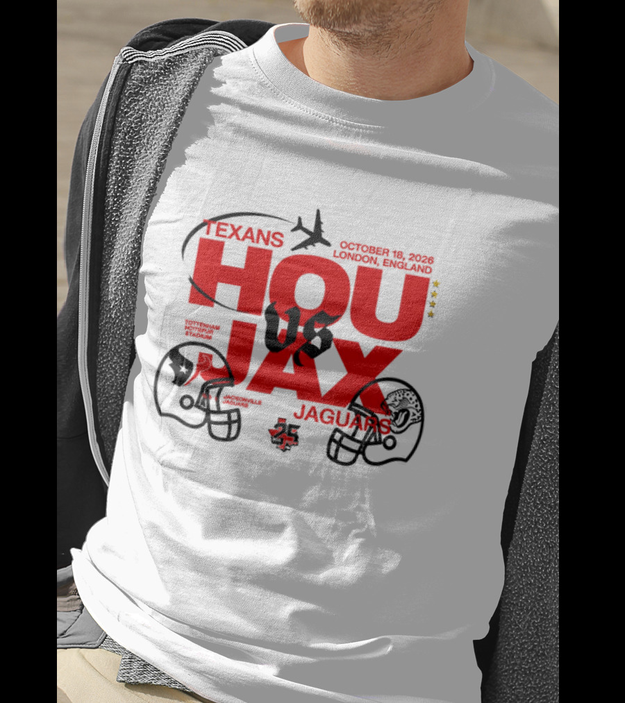 Texans Vs Jaguars London October 2023 NFL Matchup HOU JAX Helmets And Airplane T-Shirt