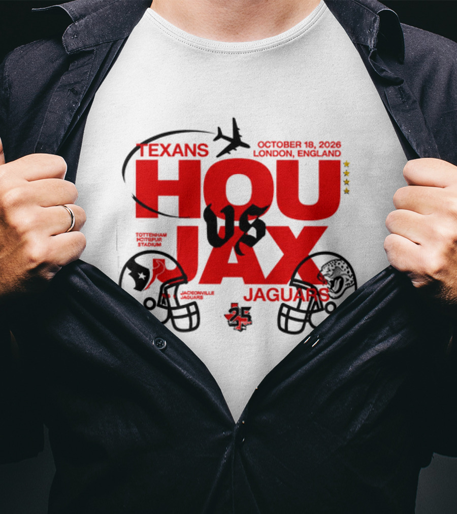 Texans Vs Jaguars London October 2023 NFL Matchup HOU JAX Helmets And Airplane T-Shirt