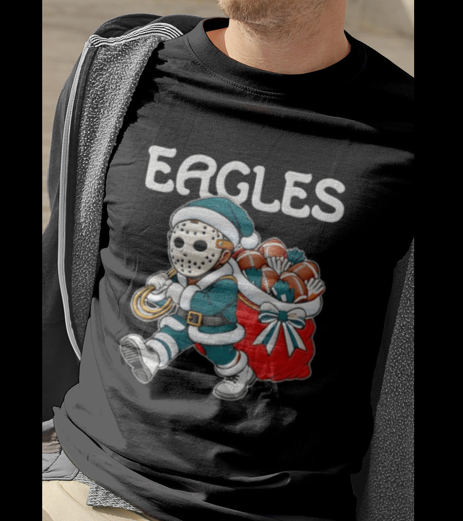 Eagles Christmas Santa With Horror Mask And Football Sack T-Shirt
