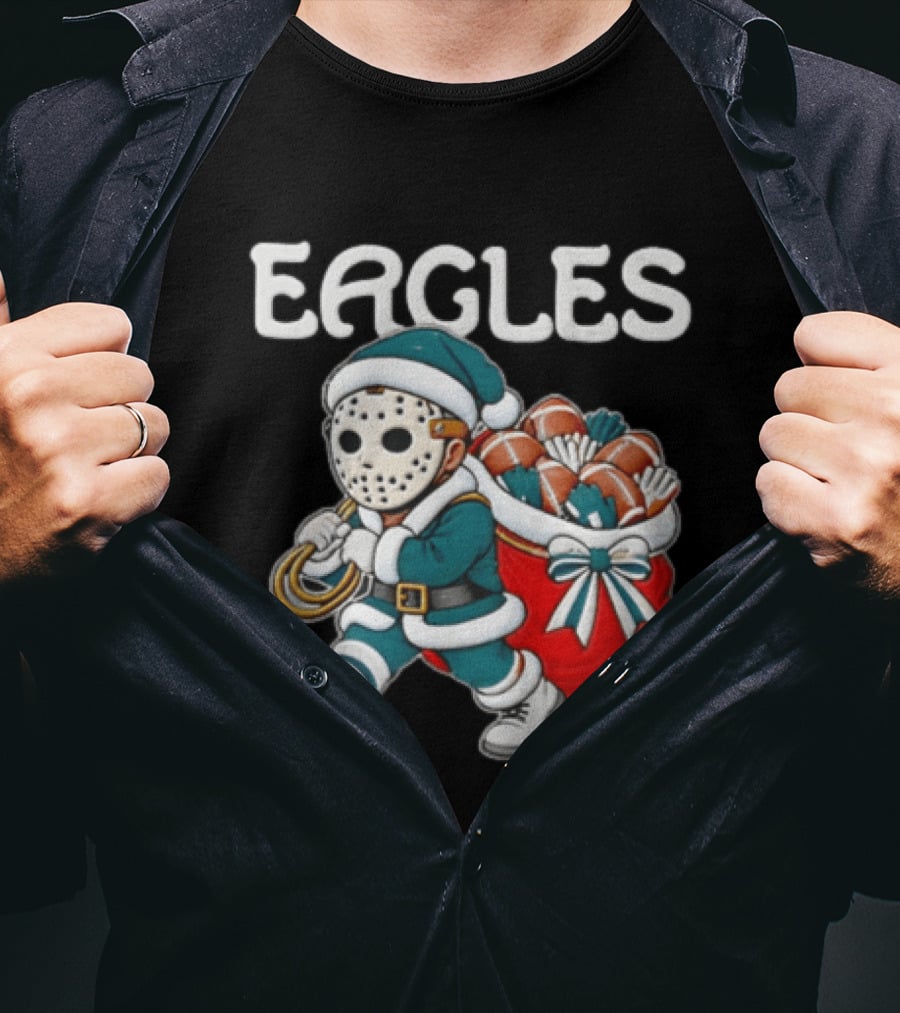 Eagles Christmas Santa With Horror Mask And Football Sack T-Shirt