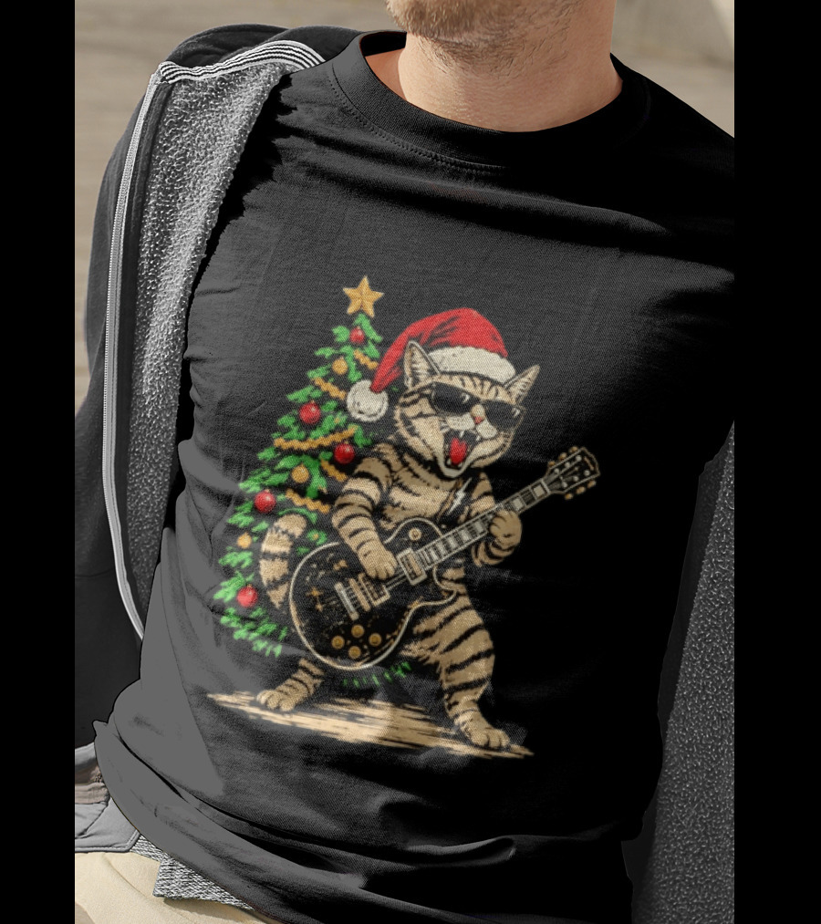 Rocking Cat Wearing Sunglasses Playing Guitar By Christmas Tree Santa Hat T-Shirt