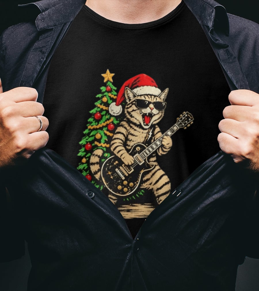Rocking Cat Wearing Sunglasses Playing Guitar By Christmas Tree Santa Hat T-Shirt