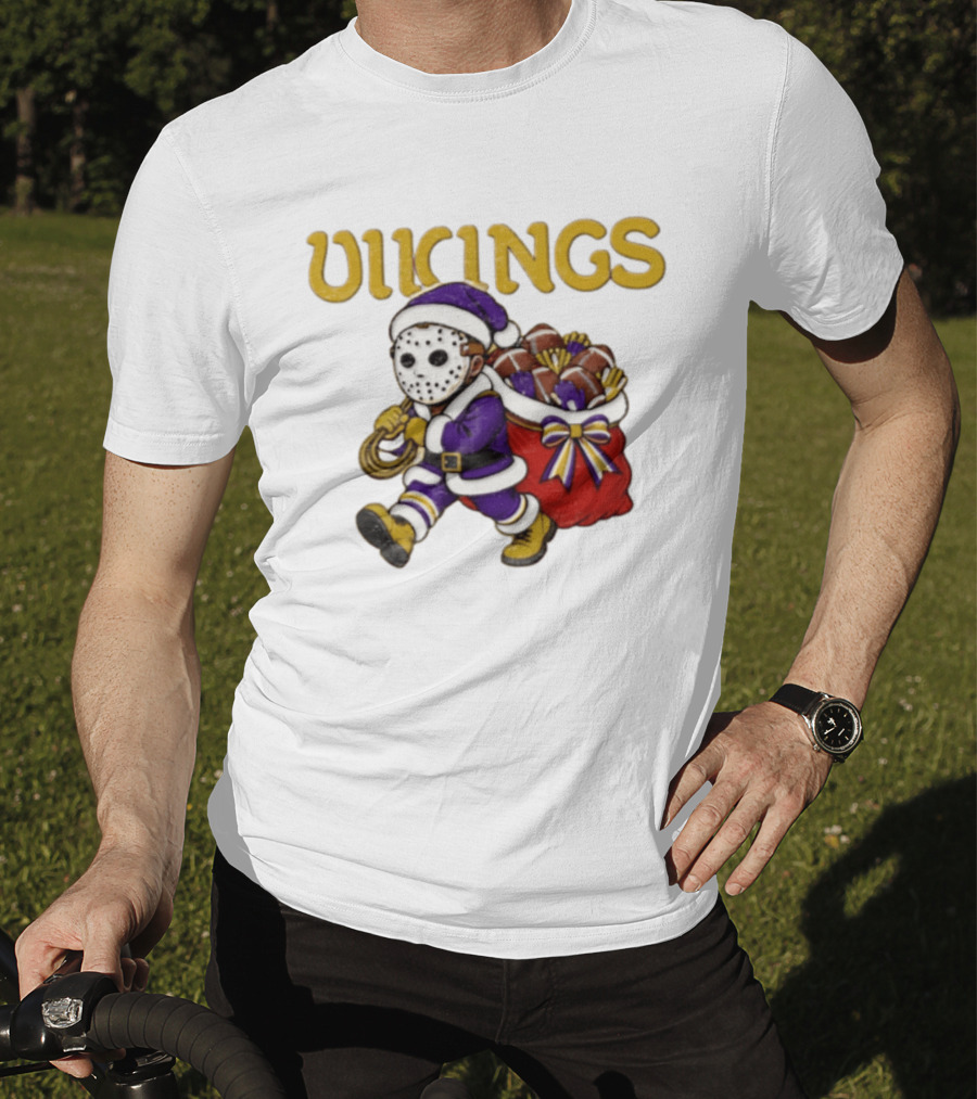 Minnesota Vikings Football Christmas Purple And Gold Santa Carrying Footballs T-Shirt