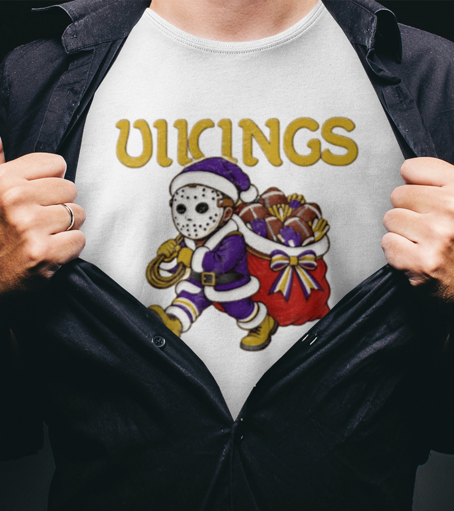 Minnesota Vikings Football Christmas Purple And Gold Santa Carrying Footballs T-Shirt