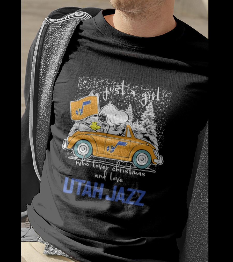Utah Jazz Fan With Snoopy In Festive Car Celebrating Christmas T-Shirt