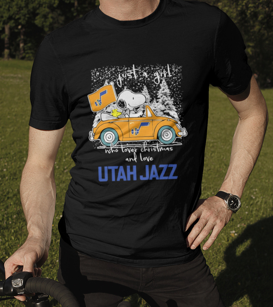 Utah Jazz Fan With Snoopy In Festive Car Celebrating Christmas T-Shirt