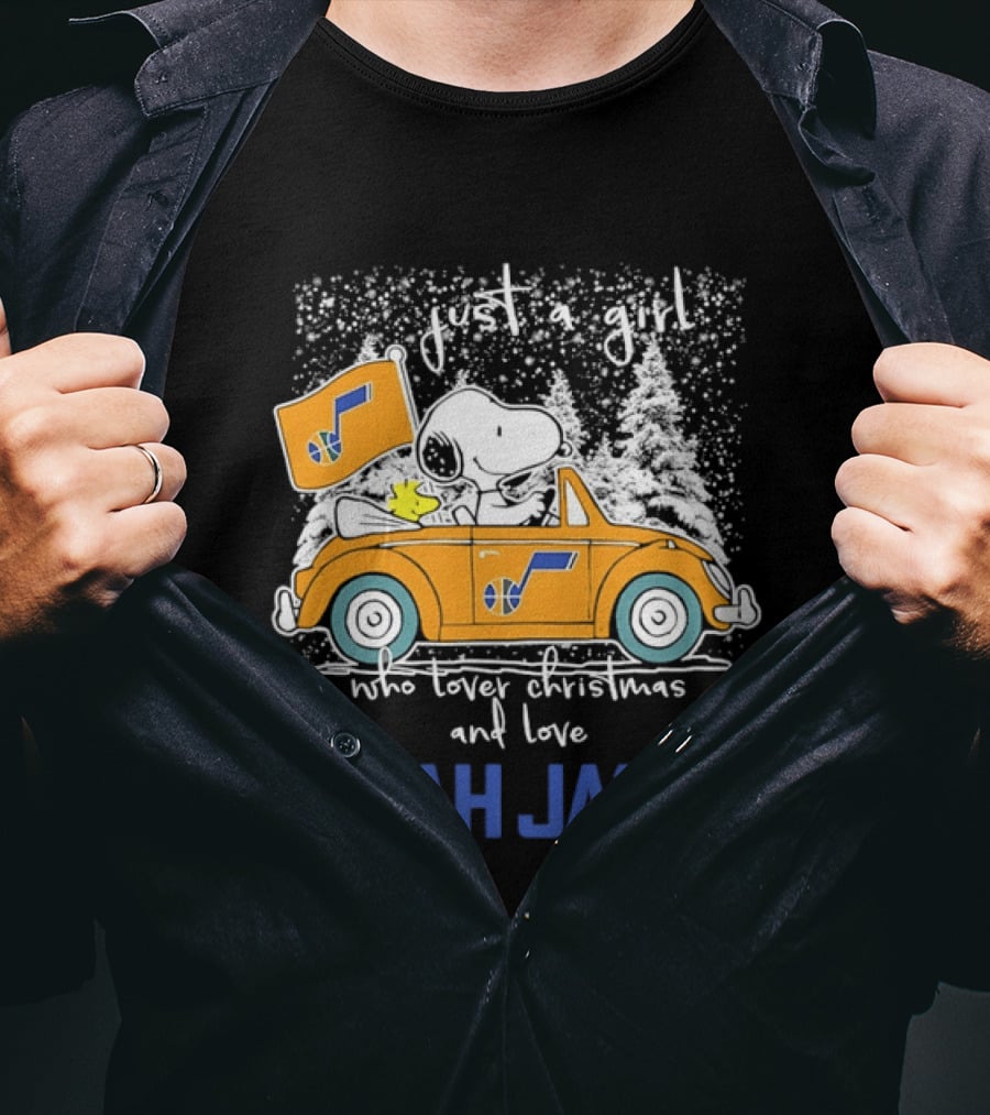 Utah Jazz Fan With Snoopy In Festive Car Celebrating Christmas T-Shirt
