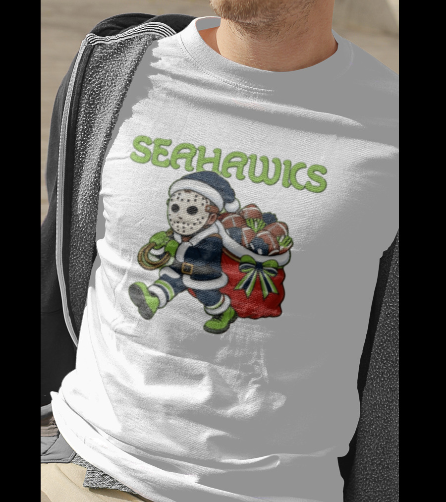 Seahawks Football Christmas Horror Santa Sack Green Blue T-Shirt