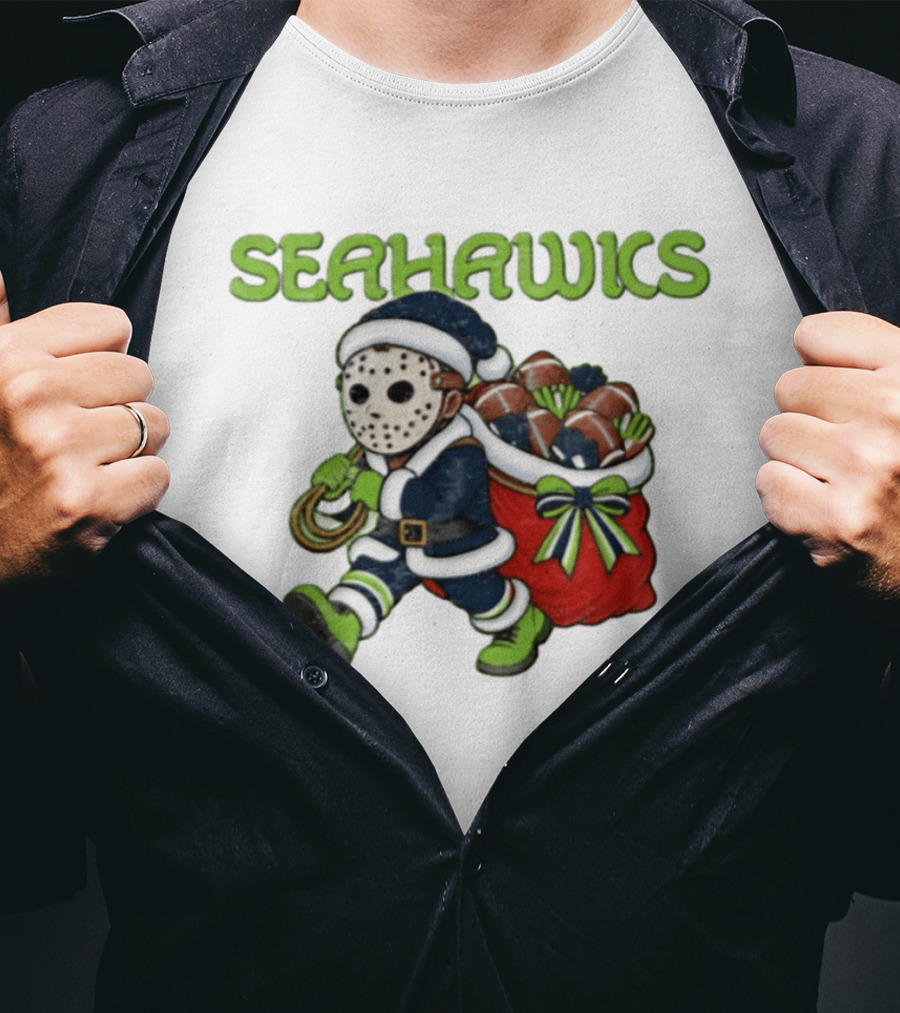 Seahawks Football Christmas Horror Santa Sack Green Blue T-Shirt