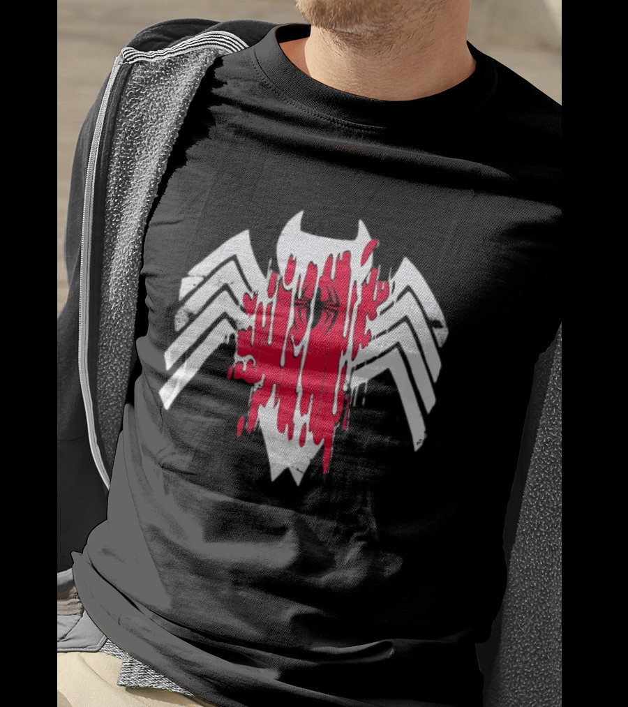 Spider Man Symbiote Venom Drip White Spider Icon Red Paint Splatter T-Shirt