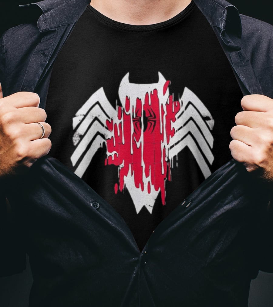 Spider Man Symbiote Venom Drip White Spider Icon Red Paint Splatter T-Shirt