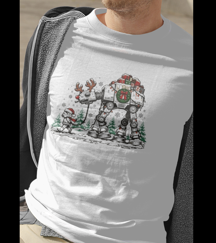Star Wars Stormtrooper Leading Christmas AT AT Reindeer With Gifts T-Shirt